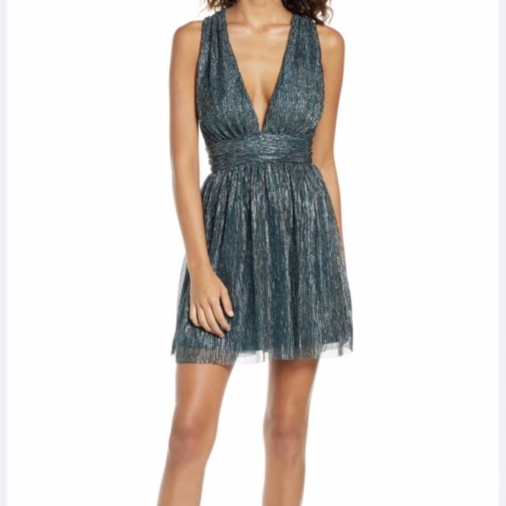 LULUS Ailey Gold Teal Twist Back Skater Dres Metallic Large